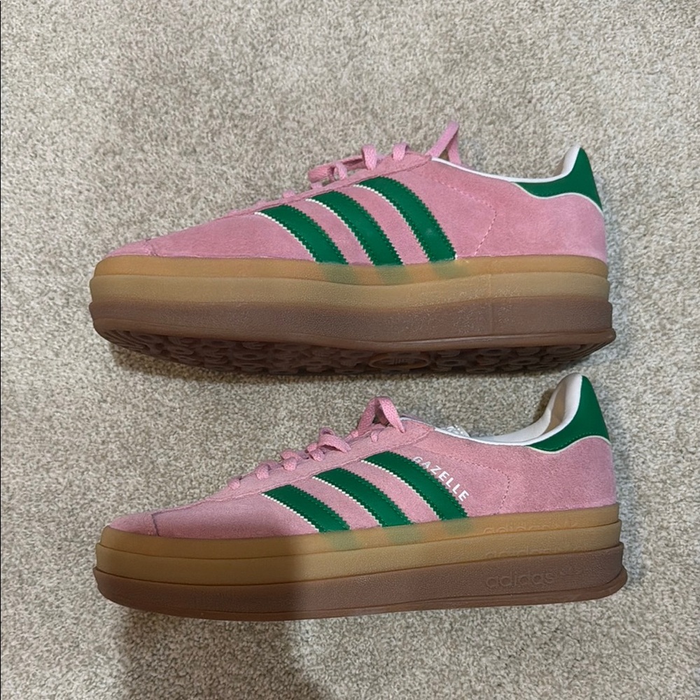 adidas Gazelle Pink Suede Sneakers with Green Stripes and Gum Sole